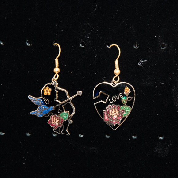Vintage Cupid and Pierced Love Heart Earrings - Picture 1 of 2